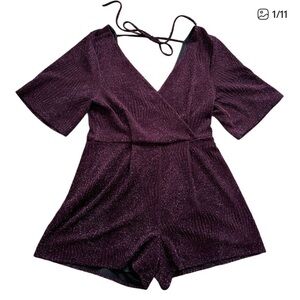 Altar'd State Glittery Purple Short Sleeve Neck Tie Wrap Romper Size XL
